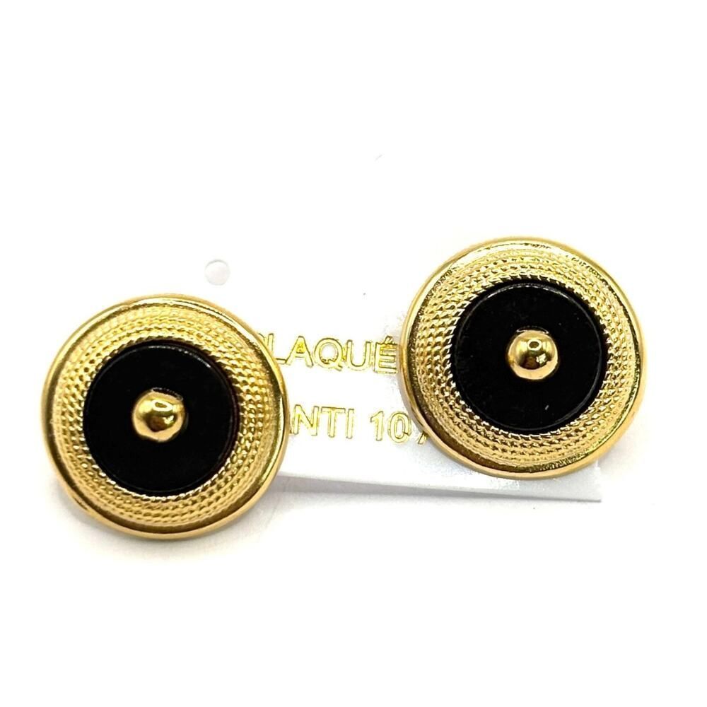 Vintage Gold & Black Onyx Button Earrings